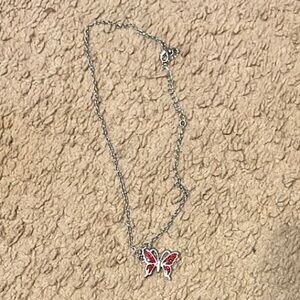 Silver Butterfly Necklace with Red Accents